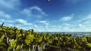 Uçuş tropik ada, okyanus ve yat yelken yukarıda