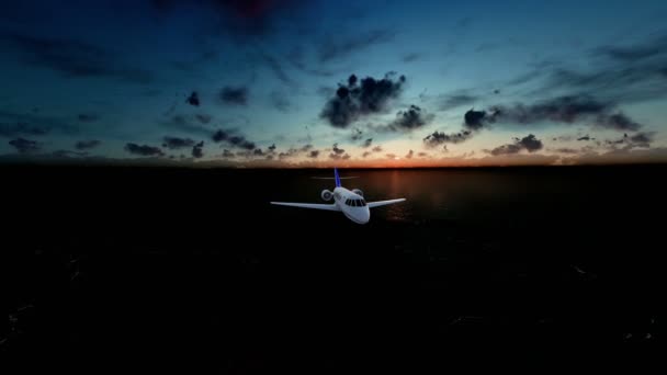 Αεροπλάνο Cessna που πετούν πάνω από ωκεανό και νησί, timelapse Ανατολή — Αρχείο Βίντεο