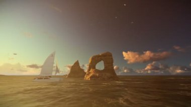 Tropik ada batımında insanlar plaj, yat yelken ve uçak, fotoğraf makinesi üzerinde uçmak