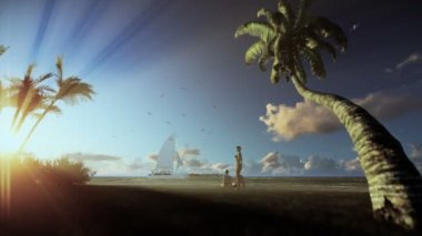 Tropik ada plaj, yat yelken ve geçen, uçak sabah sis kişilerle