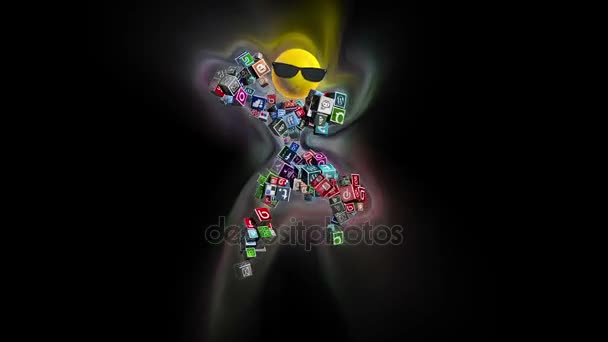 Social Network Dancing Character surrounded by colorful lights, against black, loop — Stok Video
