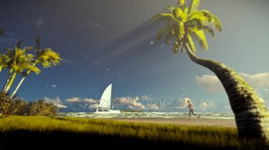 Tropik ada, rüzgarda palmiyeler ve yelken, sahilde günbatımı çalışan kadın yat