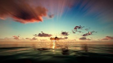 Su, güneş doğarken, kamera sinek uçan martıları izole Trpical Adası