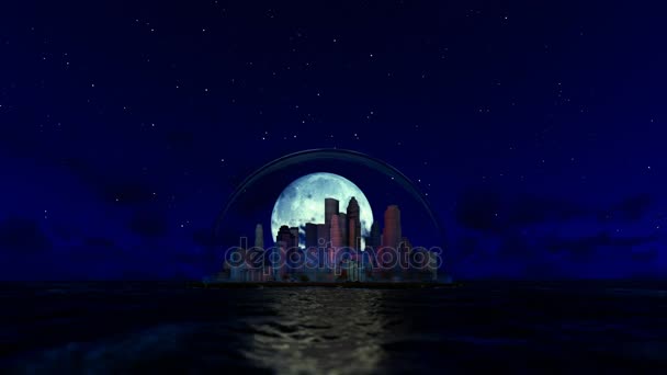 Nowoczesne miasto w szklaną kopułą nad oceanem z księżyc za plecami — Wideo stockowe
