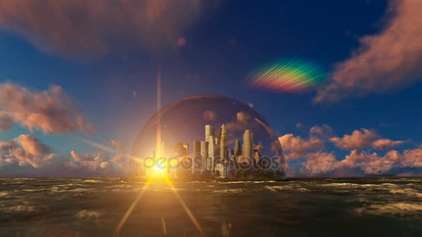 Egy pohár kupola-óceánon, a modern város napkelte — Stock videók