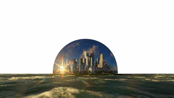 Modern city in a glass dome on ocean, timelapse sunrise, against white — Stock Video