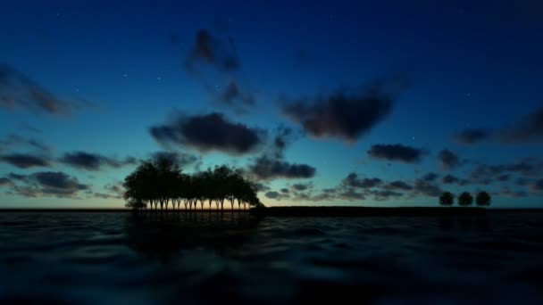 海洋在日落，游戏中时光倒流云音符飞吉他树 — 图库视频影像