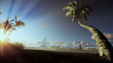 Tropik ada, palmiyeler ve yelken, sahilde, sabah sis çalışan kadın yat