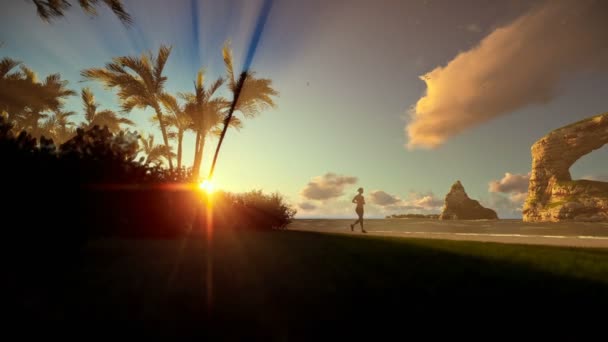 Tropischen Insel mit Frau laufen am Strand bei Sonnenaufgang, schwenken — Stockvideo