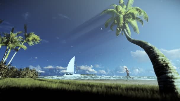 Île tropicale, palmiers qui souffle dans le vent et l’yacht voile, femme qui court sur la plage, matin — Video