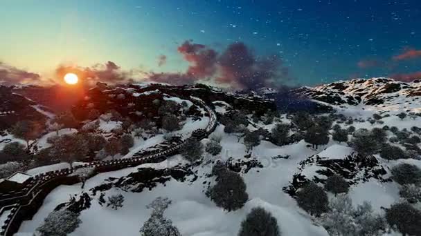 Aerial flight over Great wall of China filled with turists at sunset, snowing — Stock Video