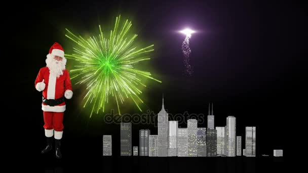 Santa Claus magically building a modern city, fireworks display — Stock Video