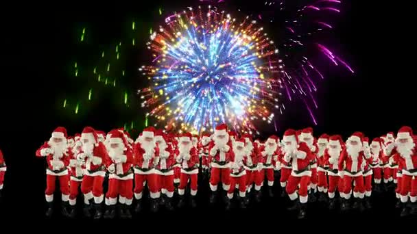 Santa Claus tłum Dacing, Christmas Party Merry Christmas kształt, pokaz sztucznych ogni — Wideo stockowe
