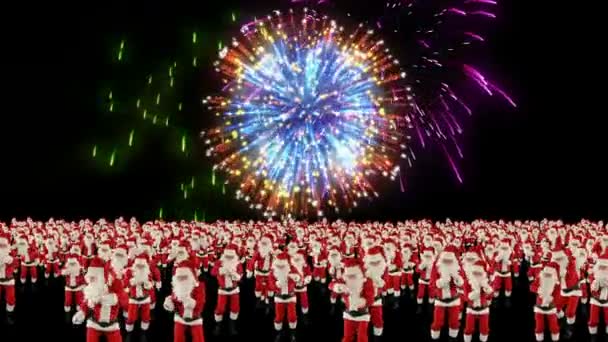 Santa Claus Crowd Dacing, Christmas Party, fireworks display — Stock Video