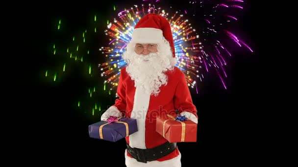 Santa Claus viktning presenterar, fyrverkeri — Stockvideo
