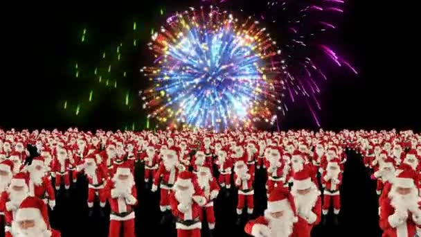 Papai Noel multidão Dacing, festa de Natal cam sobrevoar, fogos de artifício — Vídeo de Stock