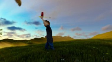 Yeşil çayır, hayat ağacı güneş ışınları, uçakta olan küçük çocuk kaydırma