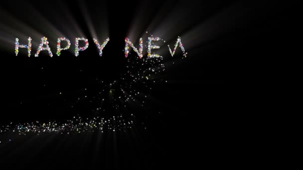 Feliz ano novo texto, elemento de férias contra os raios de luz, pretos — Vídeo de Stock