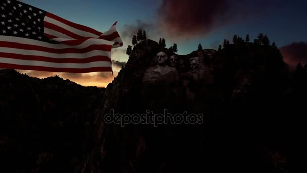 Mont Rushmore avec Usa drapeau dans le vent, le lever du soleil timelapse — Video