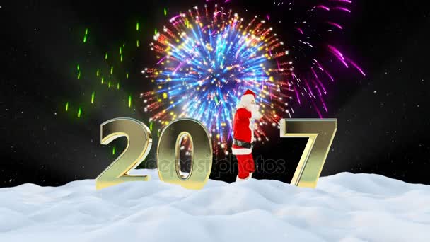 Santa Claus bailando 2017 texto, paisaje de invierno y fuegos artificiales — Vídeo de stock