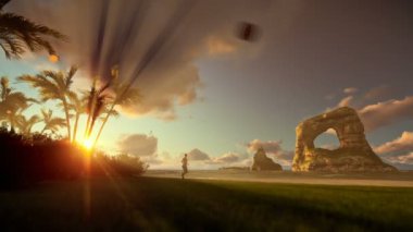 Kadın çalışan plaj ve uçak iniş, güzel gündoğumu