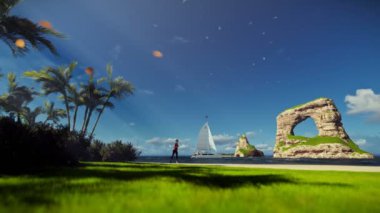 Tropik ada çalışan kadın ve yelken yat ile sonbahar yaprakları