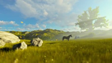 Yeşil çayır ve hayat ağacı, çok güzel bir sabah iki at