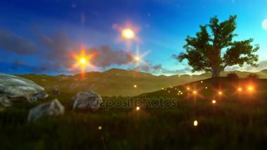 Uçak oyuncak ve gündoğumu, hayat ağacı ile yeşil çayır üzerinde ateş böcekleri ile küçük çocuk