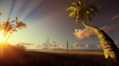 Yat yelken, palmiye ağaçları ve gün batımında sahilde yürüyen kadın tropikal peyzaj