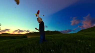 Yeşil çayır uçakta, hayat ağacı sabah ışıkları, küçük erkek kaydırma