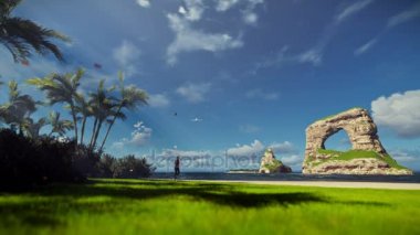 Plaj ve uçak iniş üzerinde çalışan kadın