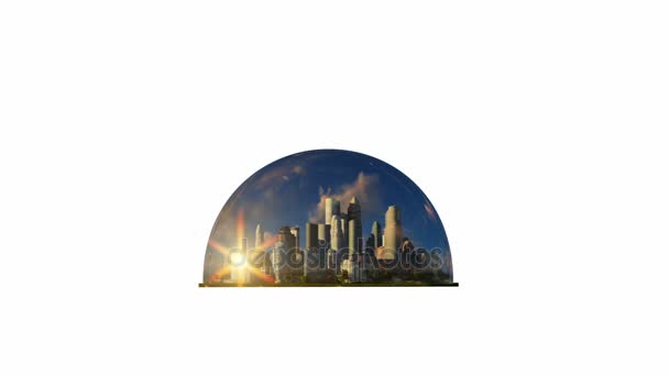 A cidade moderna em uma cúpula de vidro, timelapse nascer do sol, contra branco — Vídeo de Stock