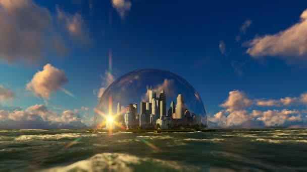 Modern city in a glass dome on ocean, timelapse sunrise — Stock Video