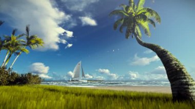 Tropik ada, rüzgarda palmiyeler ve yelken yat