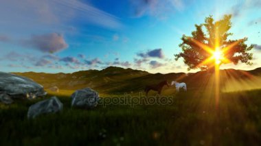 Yeşil çayır ve hayat ağacı, güzel güneş ışınları iki at