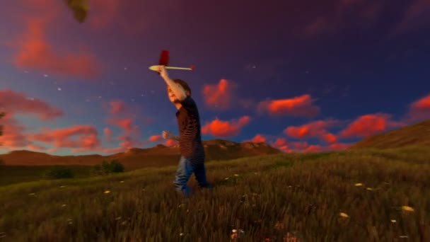 Little boy with airplane on green meadow, tree of life at sunset, panning — Vídeo de stock