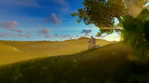 Grandfather on green meadow, resting under a tree at sunrise, tilt — Vídeo de stock