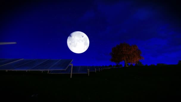 Pannelli solari, timelapse nuvole, luna piena — Video Stock