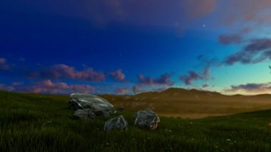 Hayat ağacı üzerinde yeşil çayır, sabah sis, kaydırma