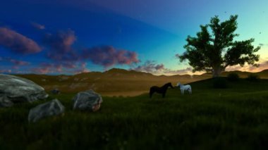 İki at yeşil çayır ve hayat ağacı, sabah ışıkları