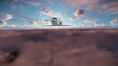 Bulutların üzerinde güneş doğarken uçan Cessna