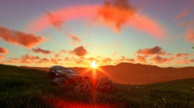 Hayat ağacı üzerinde yeşil bir çayır, güzel günbatımı, kaydırma