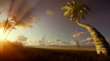 Yat yelken ve gün batımında sahilde çalışan kadın ile tropikal tatil