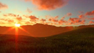 Yeşil çayır, gün batımı çalışan kadın