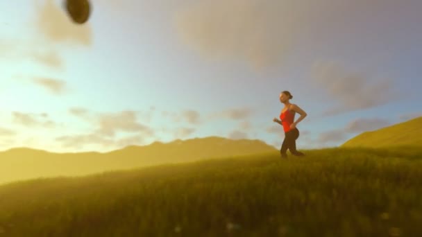 緑の牧草地がパンに走っている女性日の出 — ストック動画