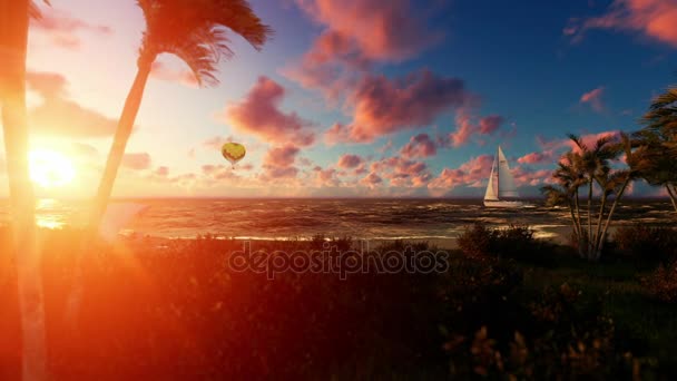 Woman runnin on the beach, air ballon and yacht sailing against beautiful sunrise — Vídeo de Stock