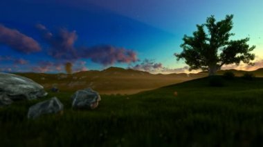 Uçak oyuncak bir yeşil çayır, hayat ağacı, sabah sis ile küçük çocuk