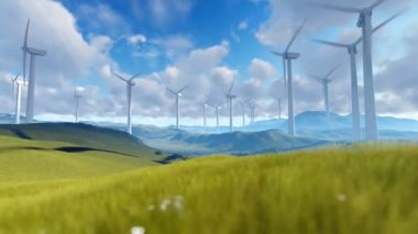 Rüzgar Türbini çiftliği bulutlu gökyüzü karşı yeşil çayır üzerinde