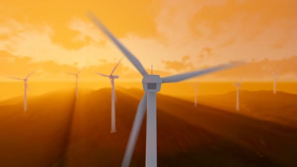 Turbinen vindkraftpark med strålar av ljus i solnedgången — Stockvideo