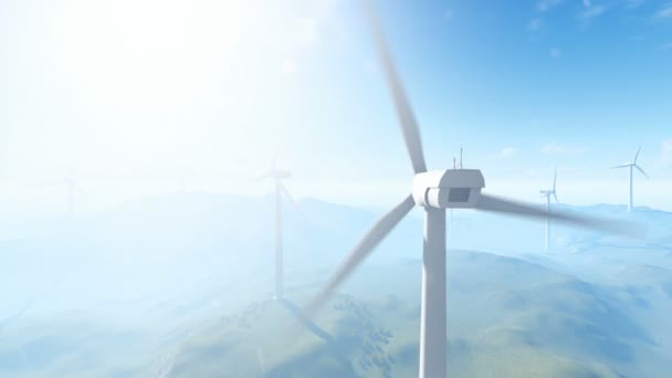 Wind turbine farm with rays of light, panning – stockvideo